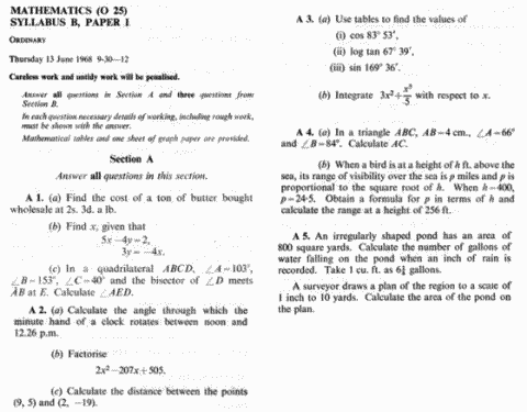 1968 O Level Maths Paper - Section A