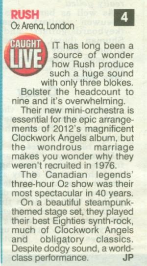 Rush Review in The Sun - O2 Gig