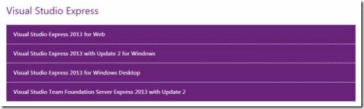 Visual Studio download options